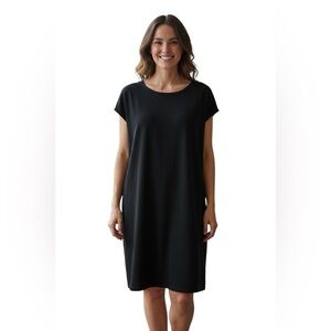 EILEEN FISHER Black Short Sleeve Cotton Dress with Side Zips Large cap sleeves